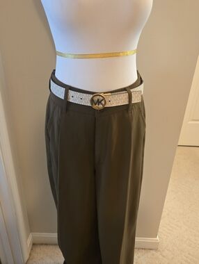 Michael Kors White Monogram Belt with Gold MK Round Buckle Reversible